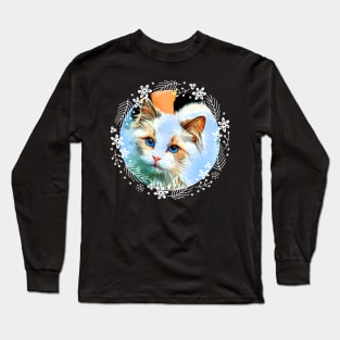 Blue-Eyed Cat in Round White Flower Wreath Long Sleeve T-Shirt